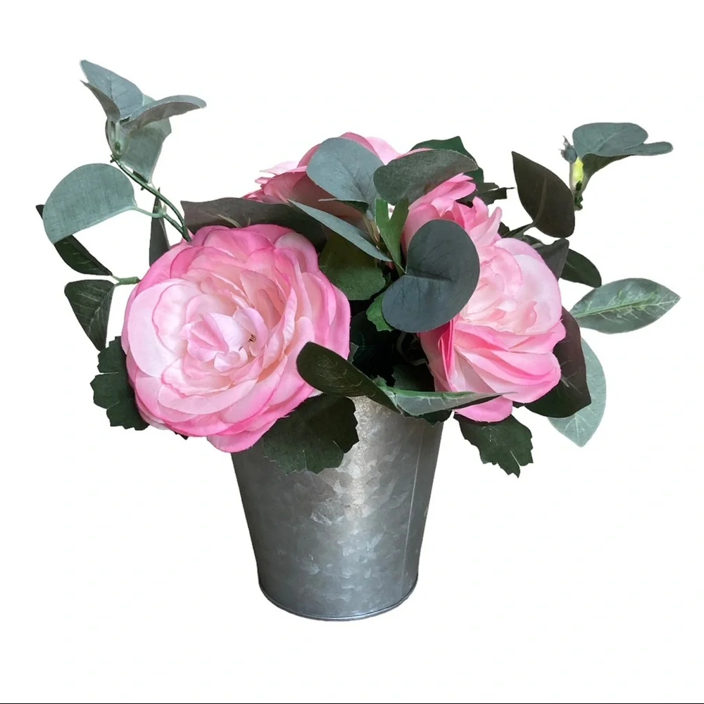Petal Pink Silk Rose Arrangement Hammered Tin Style Bucket Love Blooms Eternal